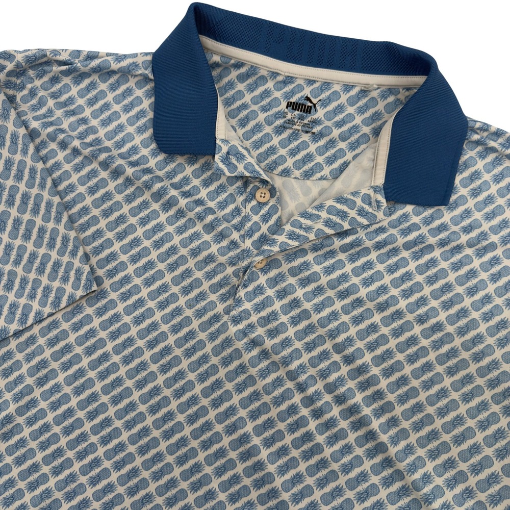Puma Golf Polo Shirt Mens XL Blue White Pineapple Print Performance Short Sleeve